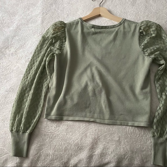 Sage Green Drawstring Sweater with Sheer Sleeves - Picture 7 of 9